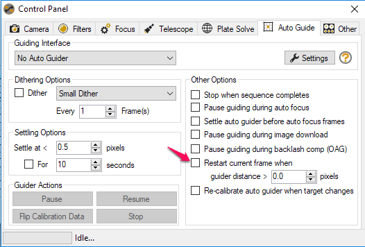 Control Panel Auto Guide Restart Current Frame